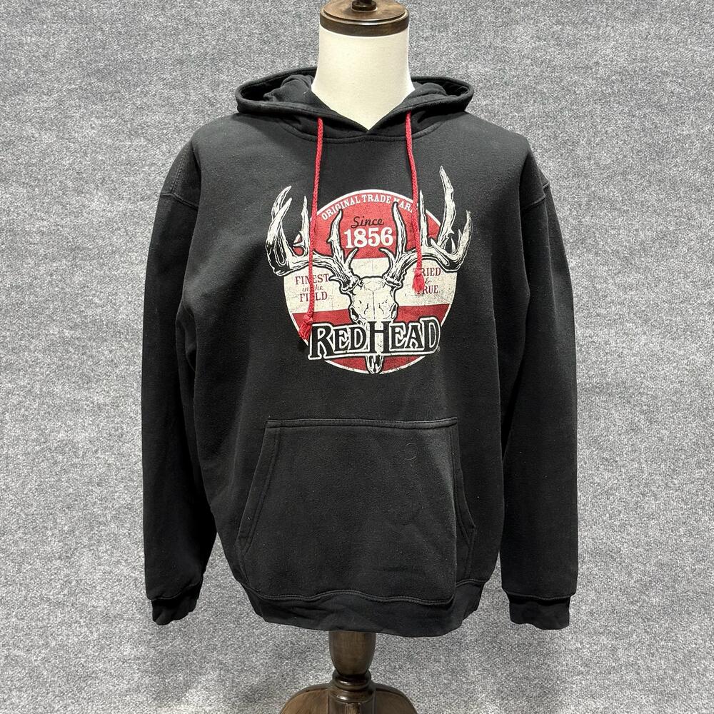 RedHead Hoodie Mens XL Black Deer Skull Graphic Pullover Kangaroo Pocket Fleece